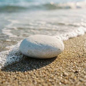 沙灘上光滑的白色鵝卵石，被海浪輕輕沖刷。