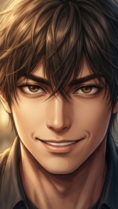 動漫男子棕色頭髮和眼睛對著觀眾溫柔微笑