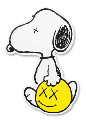Snoopy 手持一個帶有X眼睛的黃色笑臉，極簡黑白風格。 — iPad (A16) 壁紙