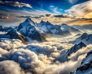 積雪的山峰在日出或日落時升起在厚厚的雲層之上。