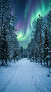夜間在舞動北極光下的雪覆蓋森林小徑