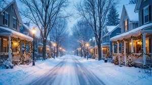雪街上有裝飾的房屋在暮色中溫暖地發光。