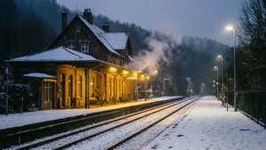 黃昏時分的雪中火車站，火車冒著蒸氣，溫暖燈光閃爍。
