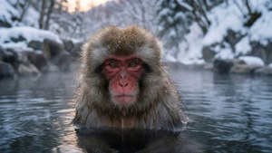 冬天，一隻猴子在溫泉中，毛上有雪，蒸汽升起