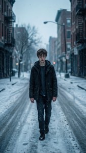 年輕男子冬天獨自走在積雪的城市街道上