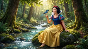 白雪公主坐在小溪旁，在森林中手托一隻藍鳥