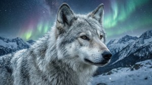 白雪皚皚的山脈中，灰狼在多彩北極光下