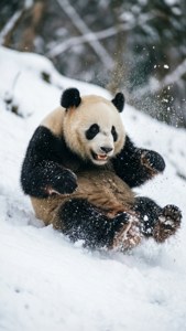 一隻大熊貓在雪中翻滾，雪花在周圍飛舞