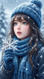 一個穿著藍色冬季裝備的小女孩，在森林中雪花飄落時手持一片雪花。