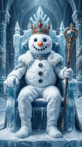 雪人國王坐在冰王座上，在雪地大教堂中手持權杖