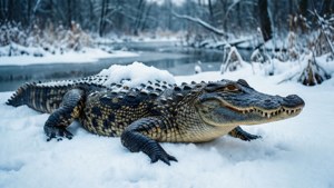 一隻鱷魚躺在冬季森林中結冰河流附近的雪地裡。