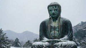 被雪覆蓋的大型銅佛像，背景是積雪的山脈