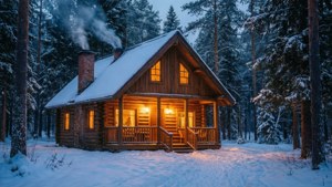 雪覆蓋的森林中的木屋，溫暖的燈光和煙囪的煙
