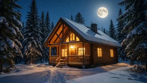 雪地森林中，在滿月和星星下溫暖照亮的木屋。