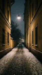 夜晚，在一盞路燈下，雪落在狹窄的鵝卵石小巷上。