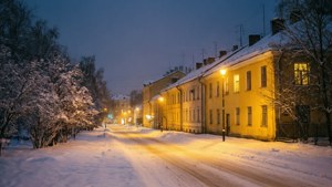 夜晚積雪的街道，建築物和光禿樹木散發出溫暖的黃光。