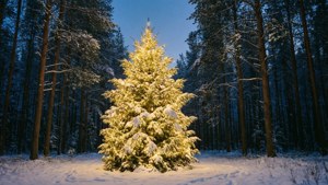 夜晚雪林中，一棵被雪壓彎的松樹被溫暖的燈光照亮。