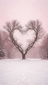 粉紅天空下雪中的心形樹