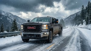 灰色GMC卡車在積雪的山路上行駛，有松樹和暴風雲