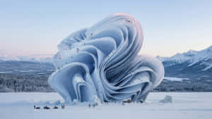 滑雪者在白雪覆蓋的山地景觀中攀爬一個巨大的冰凍冰雕。