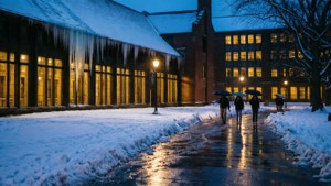學生在夜間撐傘走在積雪的校園小徑上，窗戶亮著燈。