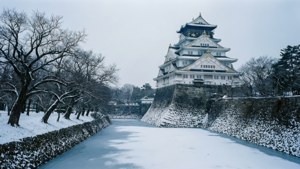 一條被雪覆蓋的小路通向一座傳統的日本城堡，帶有金色屋頂和石牆。