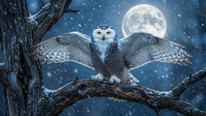 雪鴞展開翅膀棲息在滿月下積雪的樹枝上