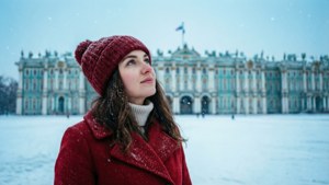 身穿紅色冬季外套和帽子的女子站在雪中，面前是一座宏偉的宮殿