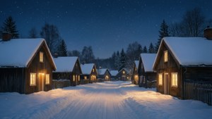 雪覆蓋的村莊街道夜晚，發光窗戶，星空