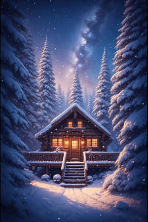 星空下松樹林中白雪覆蓋的發光窗戶小屋