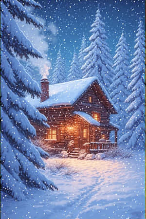 夜間白雪覆蓋的松樹林中，溫暖的燈光透過窗戶照射出來的雪覆蓋小屋。