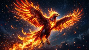 一隻火紅的鳳凰展開翅膀，在繁星點點的夜空中飛翔，伴隨著發光的餘燼。