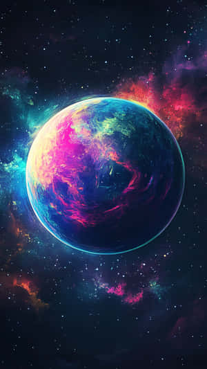 一顆色彩繽紛的行星，在星光燦爛的宇宙星雲中有旋轉的雲彩，並有發光的紅色和藍綠色雲彩。
