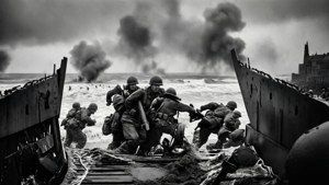 在混亂的海灘攻擊中，士兵從登陸艇涉水上岸。