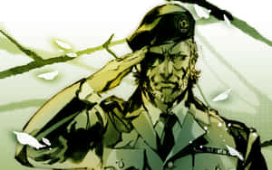 一個穿著制服的士兵在風格化的插圖中以嚴肅的表情敬禮。