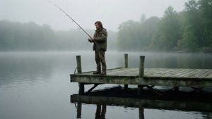 一個男人在霧濛濛的湖上的木碼頭釣魚，背景有樹木。