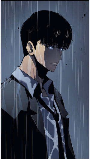 一個擁有發光藍眼睛的年輕動漫男子站在大雨中，穿著濕透的西裝。