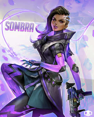 《鬥陣特攻》角色 Sombra 身穿紫色 cyberpunk 服裝，手持武器。