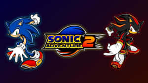 Sonic 和 Shadow the Hedgehog 在 Sonic Adventure 2 標誌旁擺出動態姿勢。