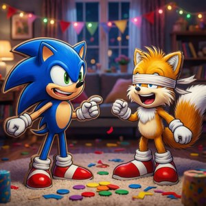 Sonic 和 Tails 在夜晚的舒適房間裡用五彩紙屑和串燈慶祝。 — Pixel Watch 3 壁紙