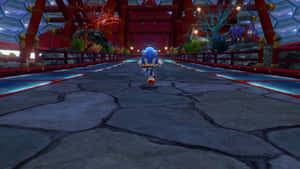 Sonic the Hedgehog 喺未來風格神殿嘅發光橋上奔跑。
