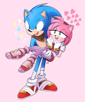 Sonic 抱住Amy Rose，周圍有漂浮嘅心心同閃光。 — Apple Watch Ultra 壁紙