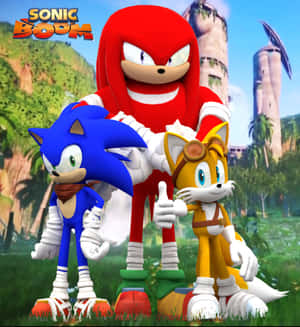 Sonic、Knuckles 和 Tails 在茂密的叢林中一起擺姿勢，背景是遺跡。 — Honor Magic V 壁紙