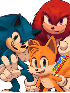 Sonic、Tails 和 Knuckles 在色彩繽紛的動漫插圖中微笑並一起擺姿勢。 — Galaxy Z Fold 8 壁紙