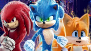 Sonic、Knuckles 和 Tails 在霓虹燈城市中，帶有閃電效果。 — 超音鼠 壁紙