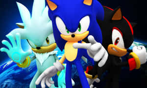 三個Sonic角色在太空中英勇擺姿勢，地球在他們身後。 — 超音鼠 壁紙
