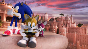 日落時分沙漠城堡中的 Sonic、Tails 和 Amy — 超音鼠 壁紙