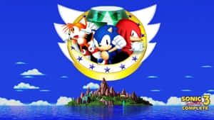 Sonic、Tails 和 Knuckles 在金色標誌中，位於熱帶島嶼之上。 — 超音鼠 壁紙