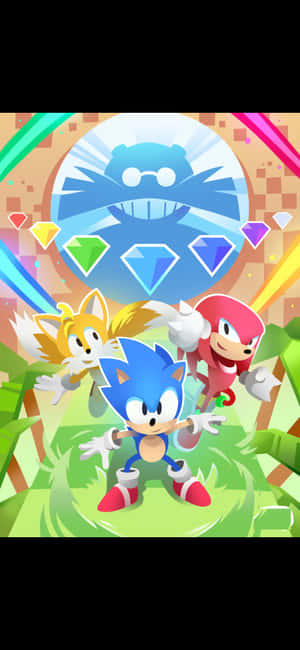 Sonic Tails 和 Knuckles 在叢林中面對發光的藍色首領和彩色寶石。 — Pixel 11 Pro 壁紙