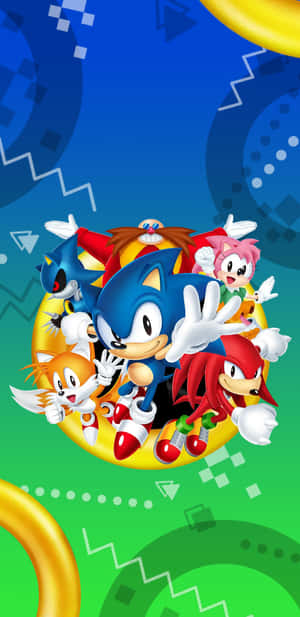Sonic 同朋友們喺一個色彩繽紛嘅卡通場景中，有圓環同幾何形狀。 — Huawei Mate 70 Air 壁紙